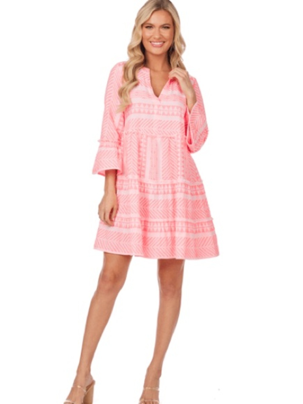 Mud Pie Renee Hot Pink Yarn Dye Tiered V-Neck Mini Dress S - Picture 3 of 14